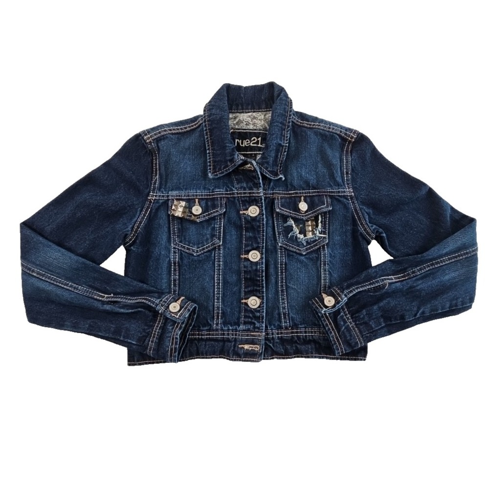 rue21 Cropped Denim Jacket Womens Small Dark Blue EUC Studded Distressed Edgy